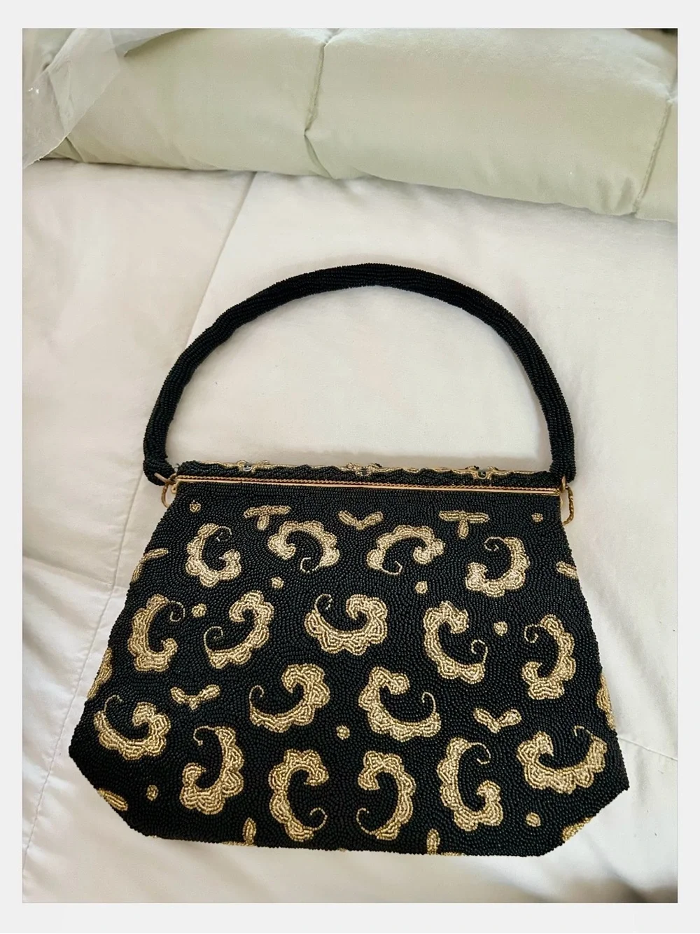 Black Beaded Vintage Evening Handbag with Gold Embroidery